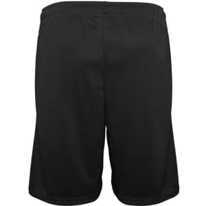 A pair of black sports shorts with an elastic waistband and a plain design, featuring a logo on the back.