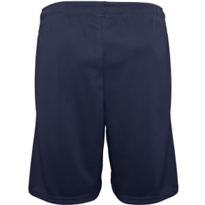 Navy sports shorts featuring an elastic waistband and a simple design, with a branding logo present.