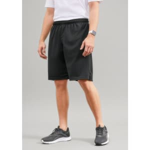 Black men's sports shorts with an elastic waistband and a logo, displayed on a model in a neutral background.