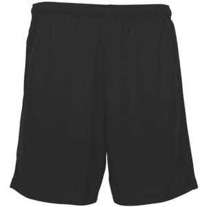 Black sports shorts with an elastic waistband and side pockets. The shorts feature a logo.