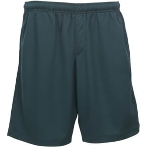 A pair of green sports shorts featuring an elastic waistband and a logo. Suitable for active wear.