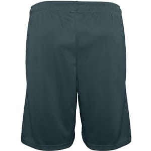 A pair of dark green sports shorts with an elastic waistband and no visible logos.