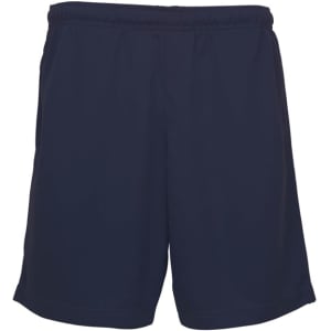 Navy sports shorts with an elastic waistband. The design is simple and features a logo.