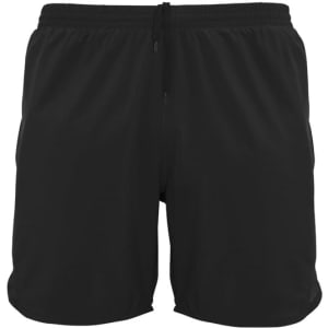 Black sports shorts featuring an elastic waistband and side pockets, complete with a branding logo.