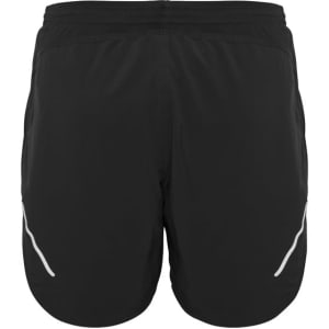 Black sports shorts featuring a logo and reflective detailing on the sides.