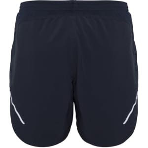 A pair of navy sports shorts featuring white detailing and an elastic waistband. Includes a logo on the back.