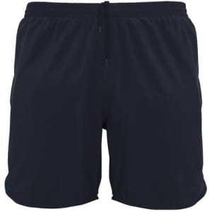 Navy blue sports shorts featuring an elastic waistband and a logo. Ideal for activewear and comfortable movement.