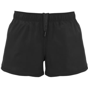 A pair of black women's sports shorts featuring an elastic waistband with a drawstring.