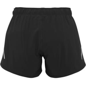 A pair of women's sports shorts in black, featuring an elastic waistband and reflective detailing.
