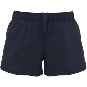 A pair of dark navy women's sports shorts with an elastic waistband and drawstring detail. Features a logo.