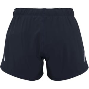 A pair of women's sports shorts in navy blue with an elastic waistband and reflective logo details.