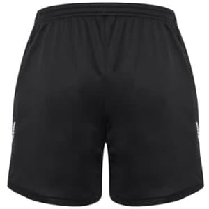 Black sports shorts with an elastic waistband and a logo on the side. Designed for kids' active wear.