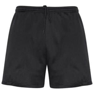 A pair of black sports shorts with an elastic waistband and drawstring. Features a logo.