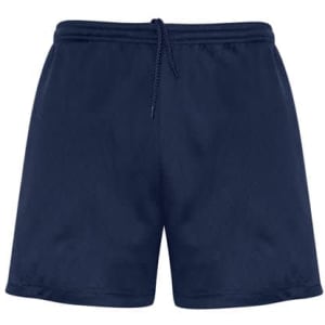 A pair of navy blue sports shorts with an adjustable drawstring waistband and a logo.
