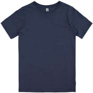 A navy blue kids' short sleeve tee with a round neck and a tag label inside. Features a plain design with no graphics.