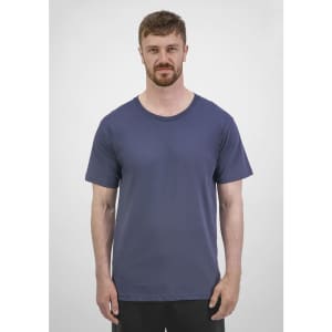 A plain navy short sleeve tee for men, featuring a round neck and a simple design. It has a logo on the front.