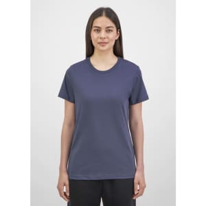 A women's short sleeve tee in navy blue, featuring a simple design and a logo on the label.