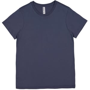 A navy women's short sleeve tee with a round neckline and a label. Features a plain design.