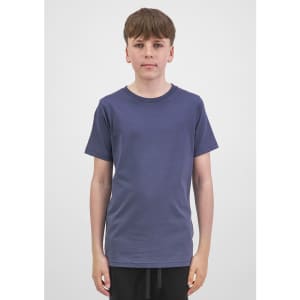 A youth short sleeve tee in navy blue, displayed on a model against a neutral background.