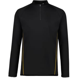 A black unisex mid layer top featuring a quarter zip and yellow accents, made from polar fleece material.