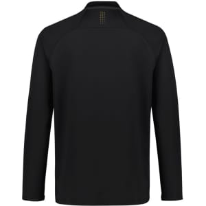 A black unisex mid layer top with a stylish design, featuring a logo and long sleeves.