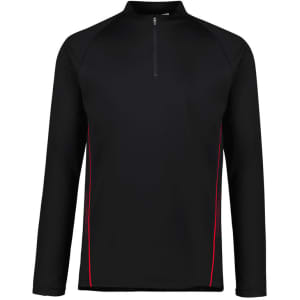 A black unisex mid-layer top with a quarter zip and red detailing, featuring a logo on the front.