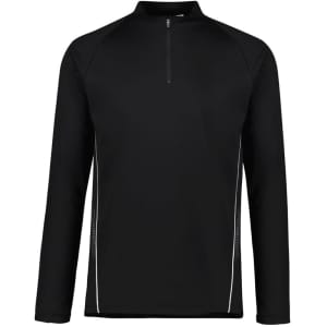 A black unisex mid-layer top featuring a half zip and reflective detailing, designed for comfort and warmth.
