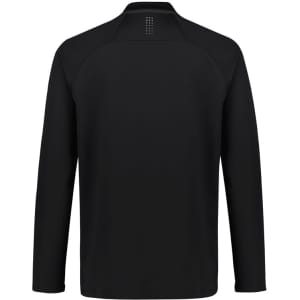 A black unisex mid-layer top with long sleeves and a back panel design, featuring a logo.