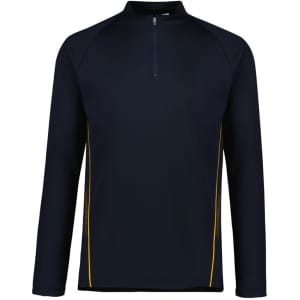 A navy unisex mid layer top with a quarter zip, featuring yellow side accents and a logo.