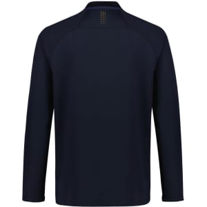 A unisex mid-layer top in navy blue, featuring a simple design with a logo on the back.