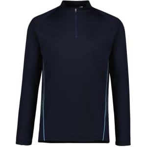 A unisex mid-layer top in navy with a zip collar and light blue detailing, featuring a logo.