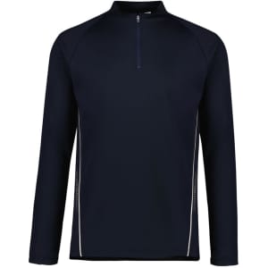 A unisex mid-layer top in navy blue with a quarter zip and white detailing, featuring a branding logo.