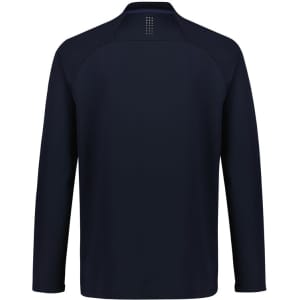 A navy unisex mid-layer top with long sleeves, featuring a logo on the back.