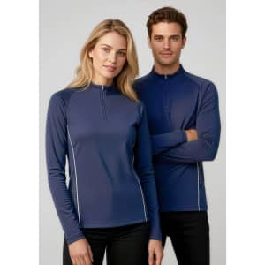 A navy blue unisex mid layer top featuring a zip neck and white side detailing, displayed on male and female models.