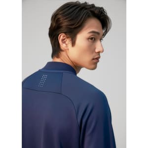 A navy unisex mid-layer top with a subtle logo on the back, featuring a high collar and modern design.