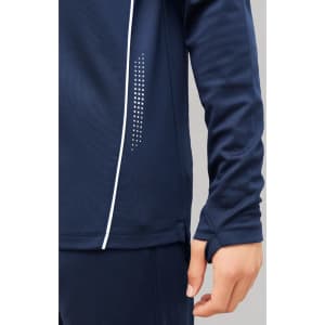A navy unisex mid-layer top with long sleeves and a subtle dot pattern on the side, featuring a branding logo.