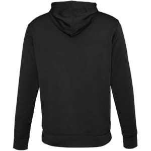 A black hoodie featuring a hood and long sleeves, with a plain back and fitted cuffs.