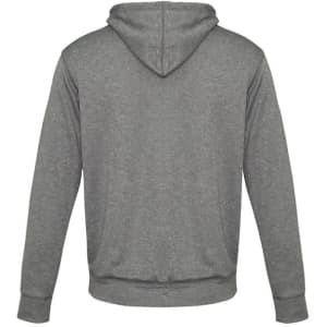 A grey hoodie for kids featuring a kangaroo pocket and a drawstring hood. It includes a logo on the back.