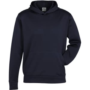 A navy hoodie with a kangaroo pocket and a hood, featuring a small logo.