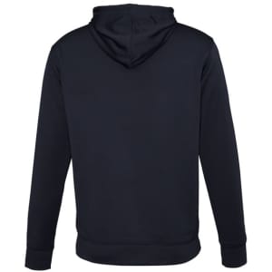 A black hoodie with a hood and long sleeves, featuring a logo on the back.