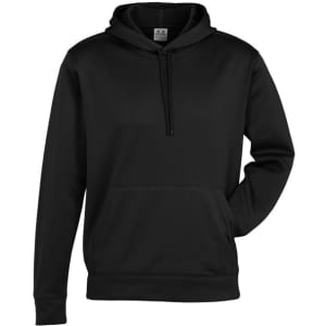 A black men's hoodie featuring a front pocket and a hood, with a logo on the chest.