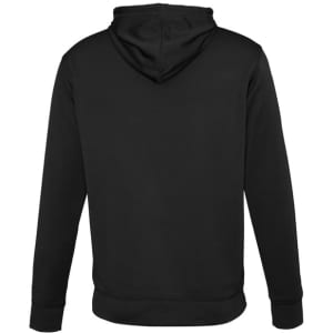 A black hoodie featuring a hood and long sleeves, with a plain back and ribbed cuffs.