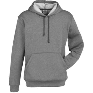 A grey hoodie with a hood, front pocket, and drawstrings, featuring a logo. The interior is a lighter shade.