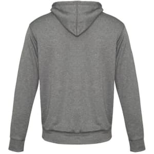A grey hoodie with a kangaroo pocket and a hood, featuring a logo on the back.