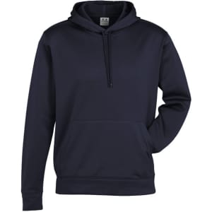 A navy men's hoodie featuring a front pocket and a drawstring hood. The design includes a logo on the front.