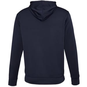 A men's hoodie in navy blue, featuring a hood and long sleeves, with a logo on the back.