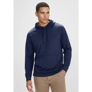 A navy blue men's hoodie featuring a front pocket and a drawstring hood, with a logo on the chest.