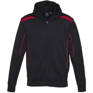 A black hoodie with red accents, featuring a front zip and pockets, and has a logo on the chest.