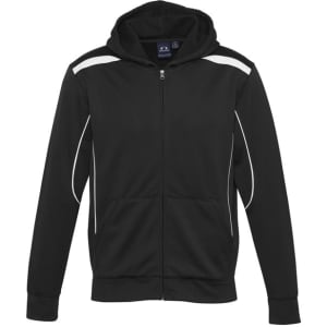 A black hoodie featuring white stripes, front pockets, and a hood, designed for kids. Includes a logo.