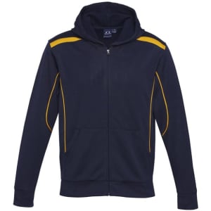 A navy hoodie with yellow trim and a front zip, featuring a hood and two side pockets.